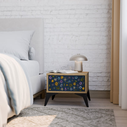 FLOWERS ON NAVY BLUE Nightstand in Oak Effect