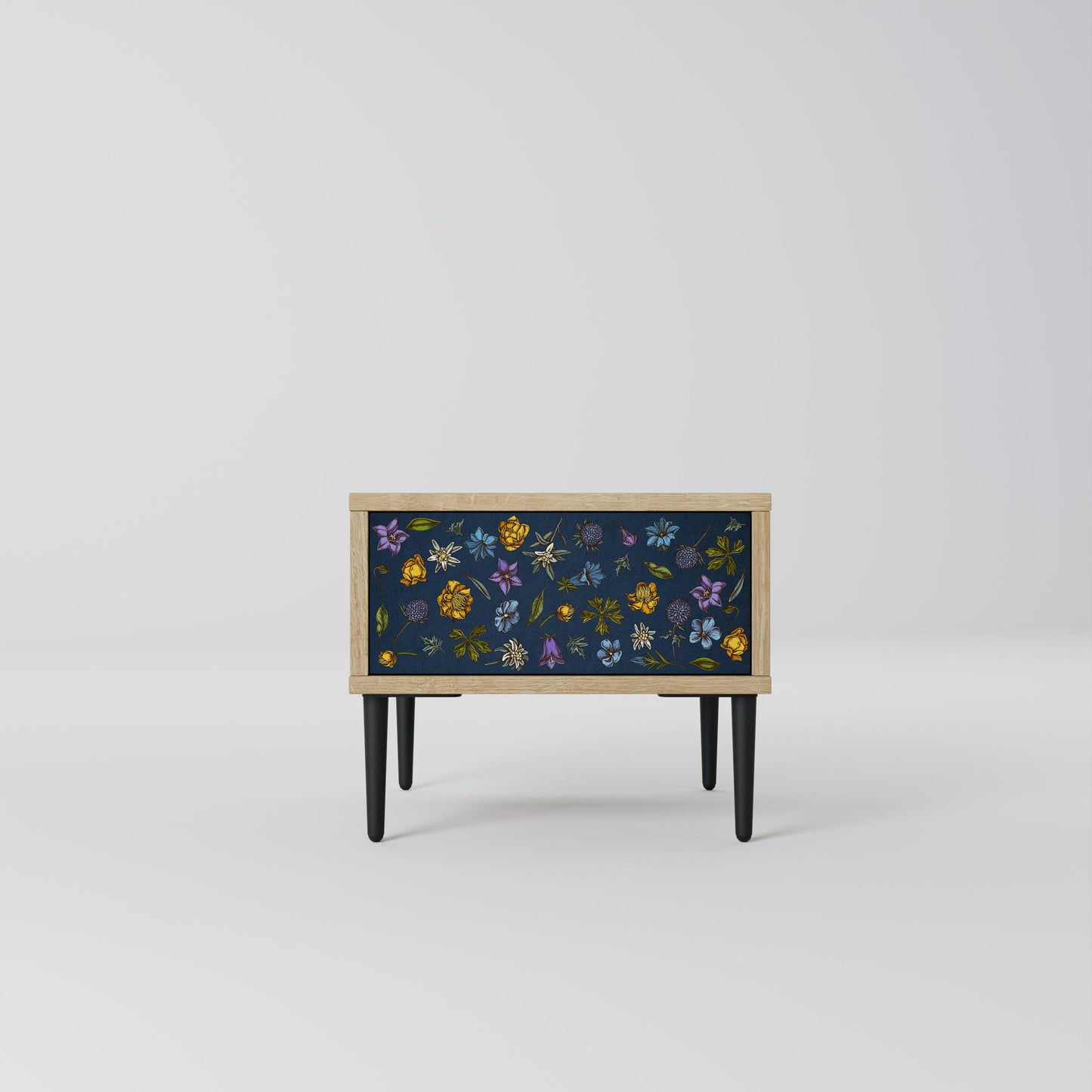 FLOWERS ON NAVY BLUE Nightstand in Oak Effect