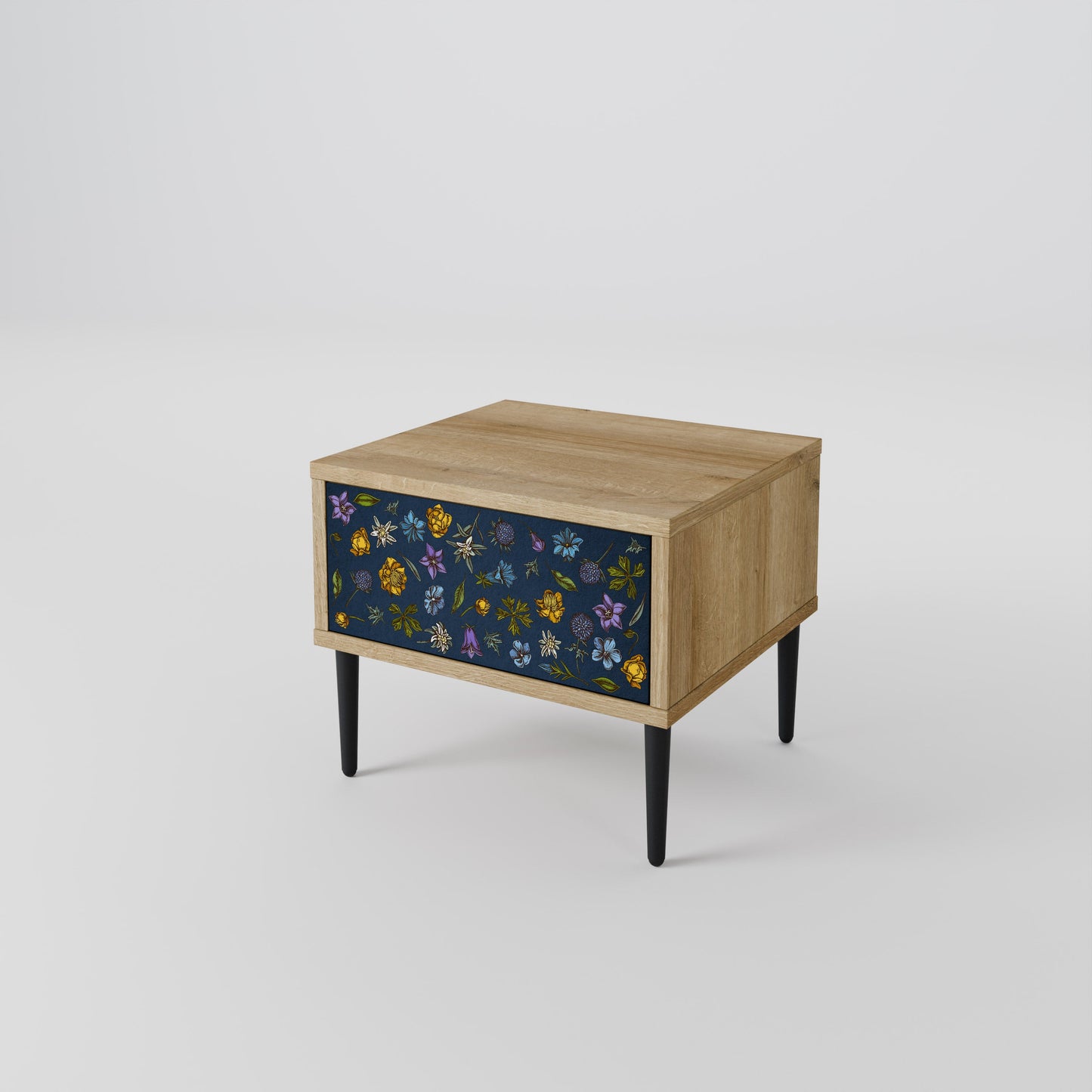 FLOWERS ON NAVY BLUE Nightstand in Oak Effect