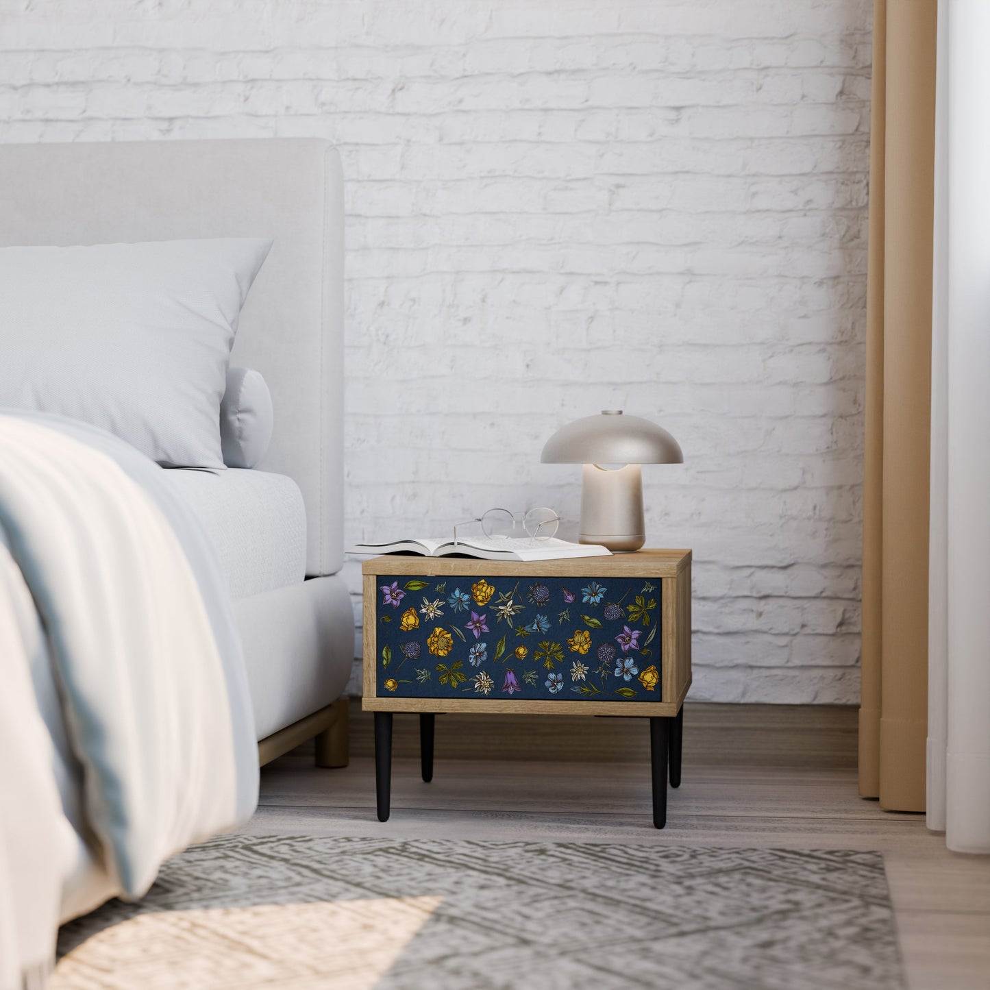 FLOWERS ON NAVY BLUE Nightstand in Oak Effect