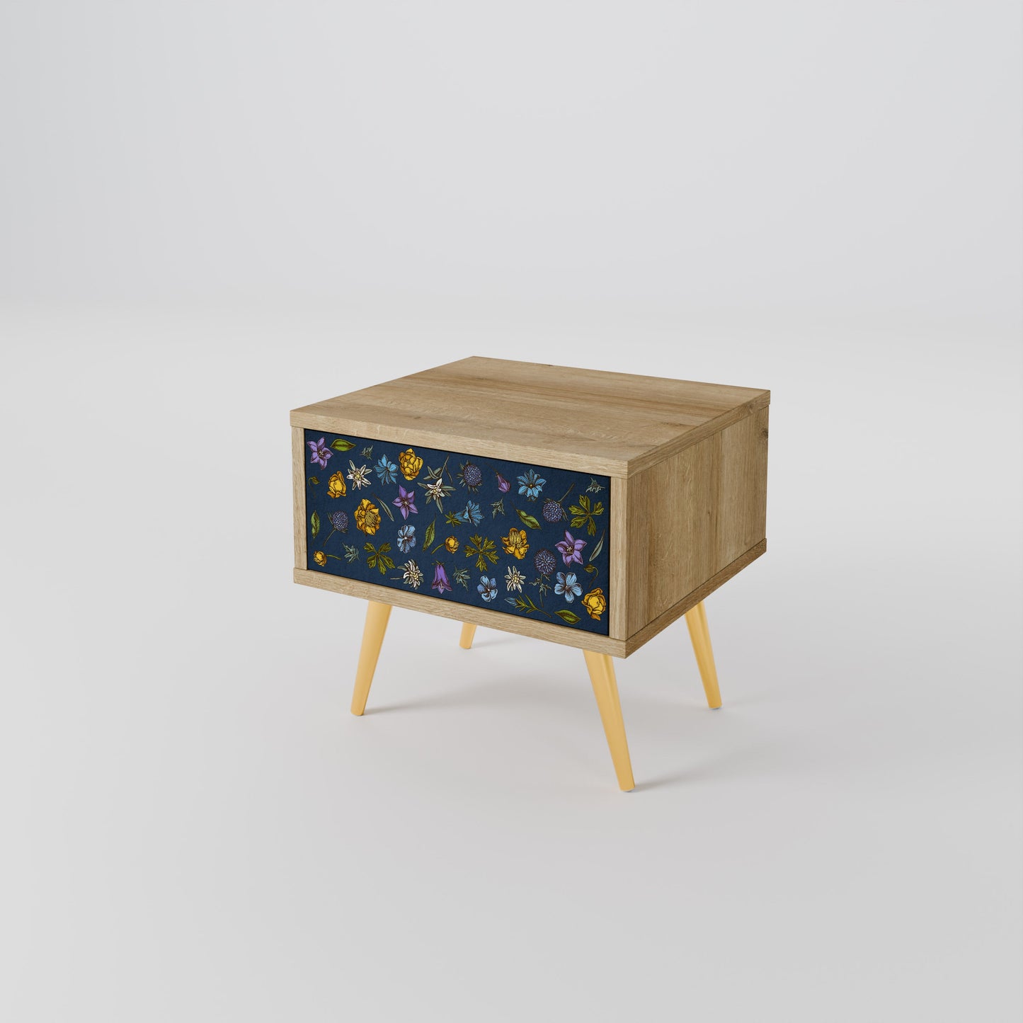 FLOWERS ON NAVY BLUE Nightstand in Oak Effect