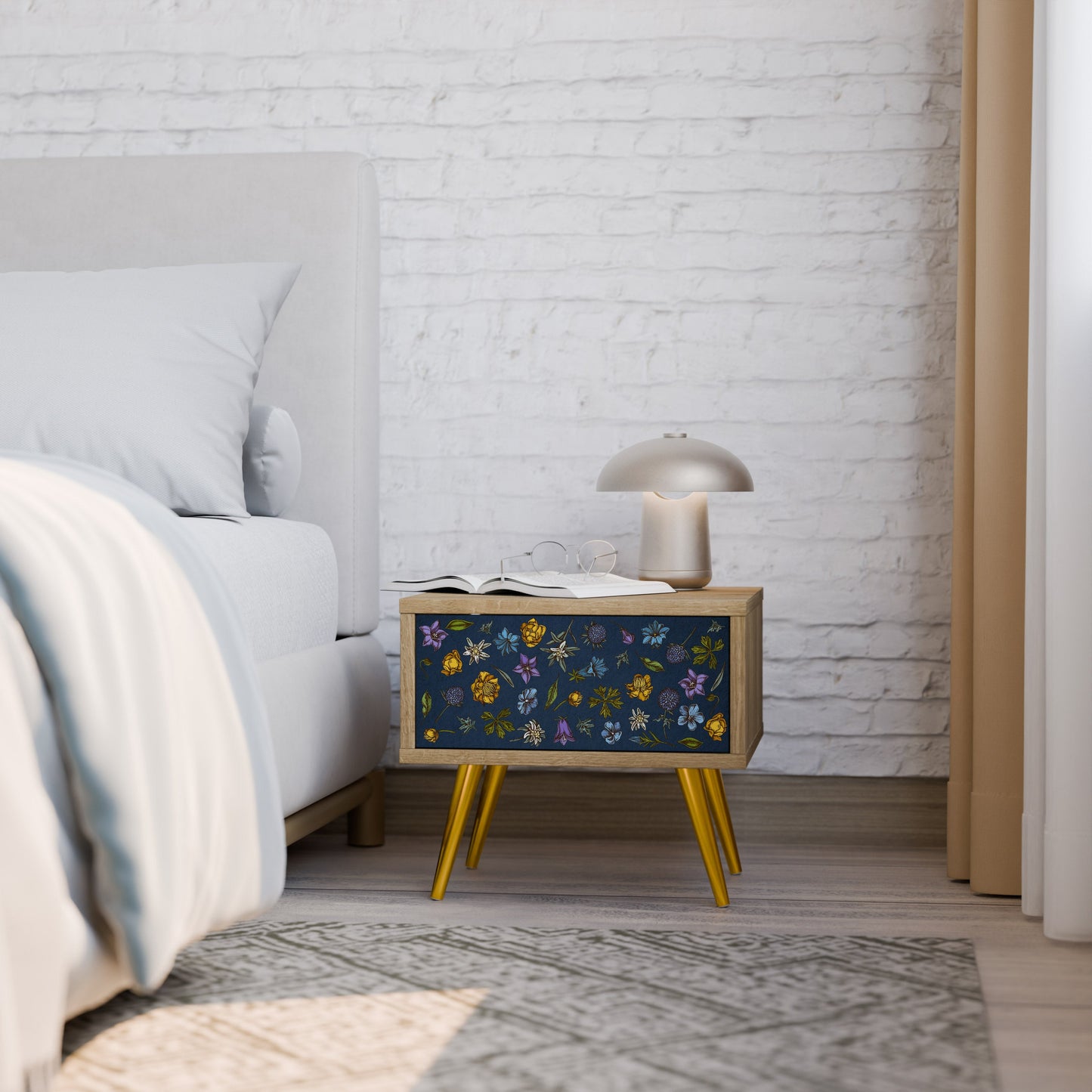 FLOWERS ON NAVY BLUE Nightstand in Oak Effect