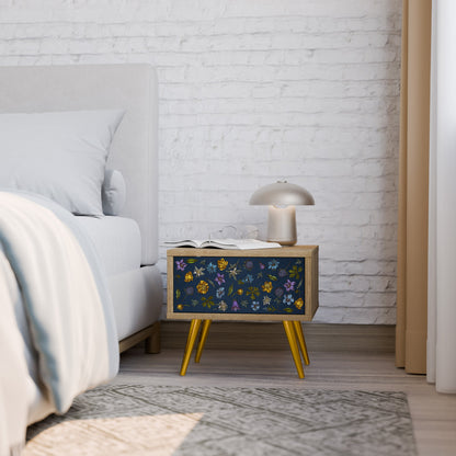 FLOWERS ON NAVY BLUE Nightstand in Oak Effect