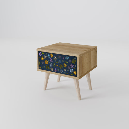 FLOWERS ON NAVY BLUE Nightstand in Oak Effect