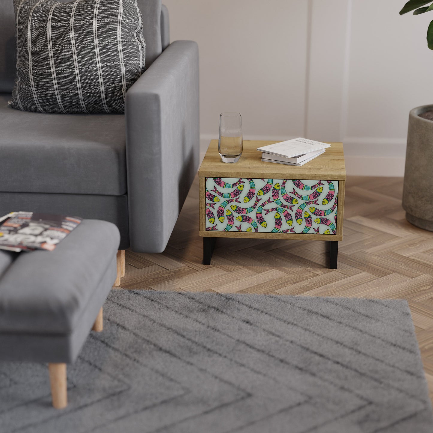 Comodino INDIAN FISH in effetto rovere