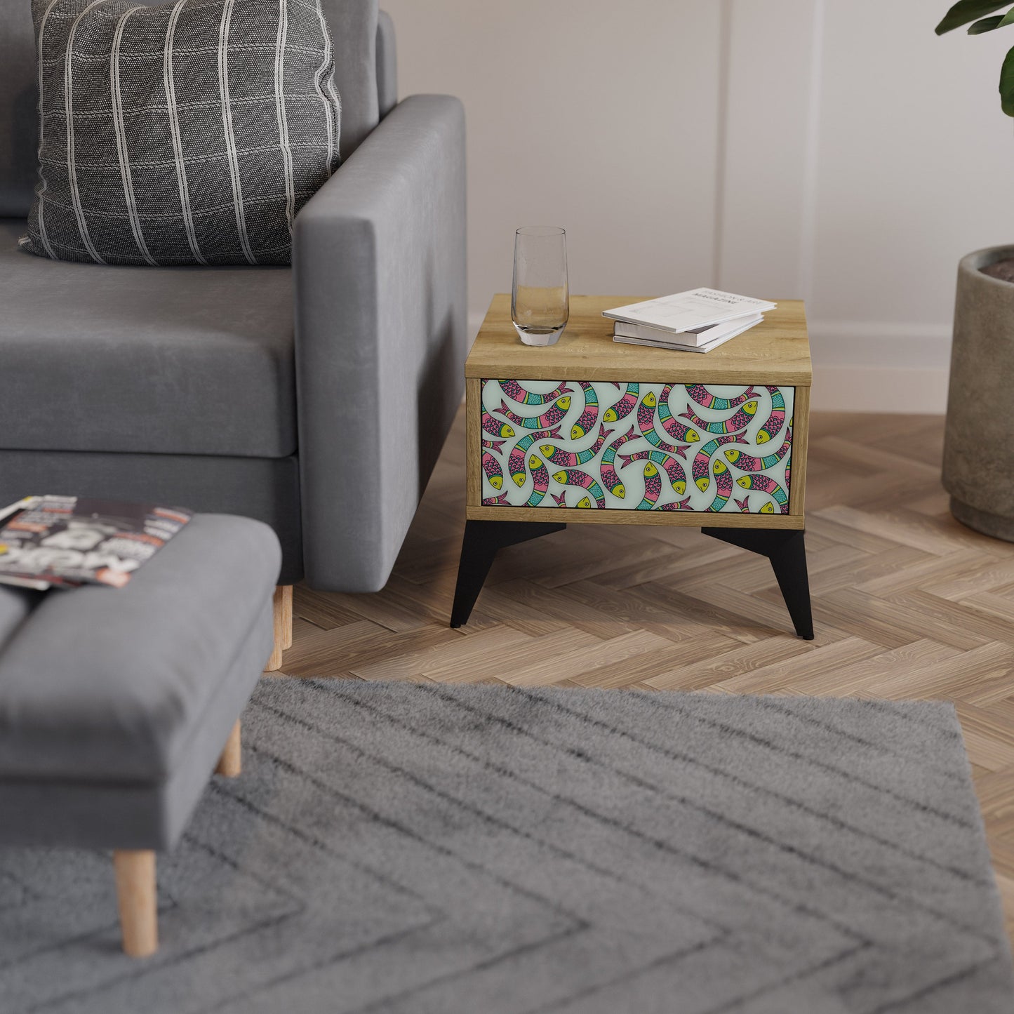 Comodino INDIAN FISH in effetto rovere