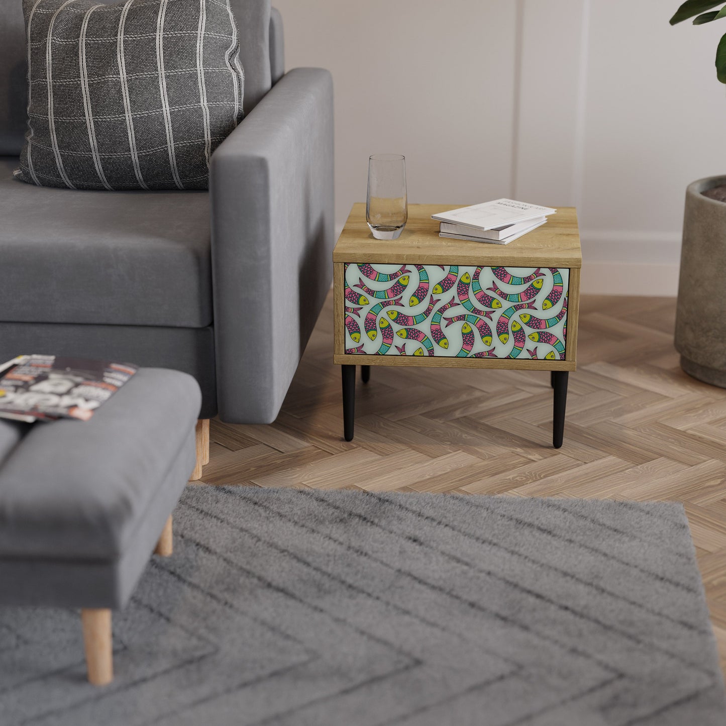 Comodino INDIAN FISH in effetto rovere