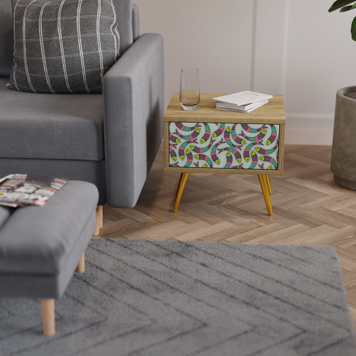 Comodino INDIAN FISH in effetto rovere