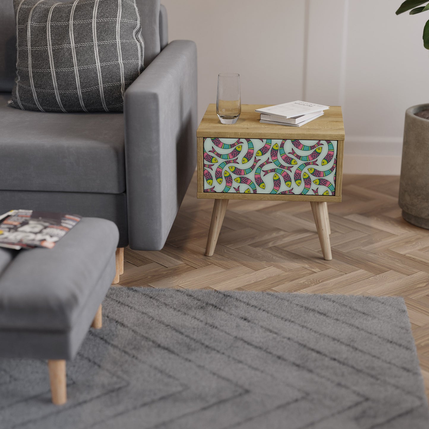 Comodino INDIAN FISH in effetto rovere
