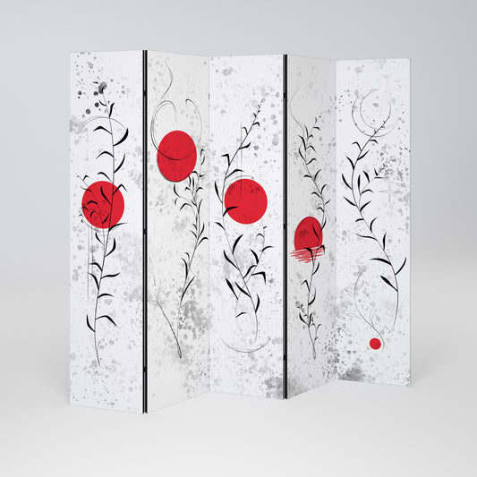 Divisorio decorativo per ambienti a 5 pannelli "RED WHISPERS IN FOLIAGE"