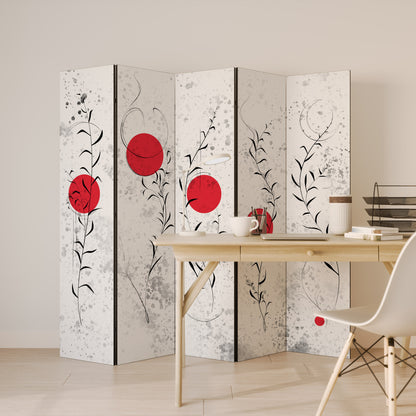 Divisorio decorativo per ambienti a 5 pannelli "RED WHISPERS IN FOLIAGE"