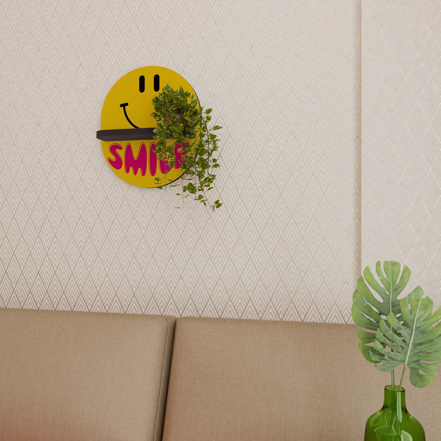 KEEP SMILING Oval Art Shelf In Black Finish