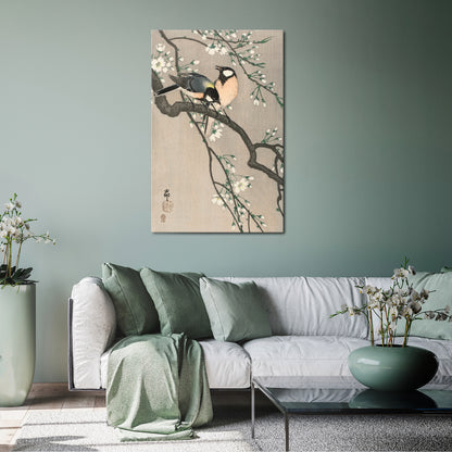 TITS ON CHERRY BRANCH Vertical Canvas Print