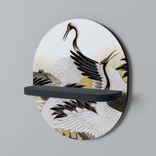 JAPANESE FLOCK OF CRANES Oval Art Shelf In Black Finish