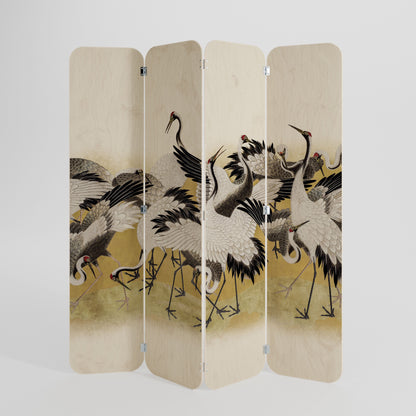 Divisorio per stanza in compensato a 4 pannelli JAPANESE FLOCK OF CRANES