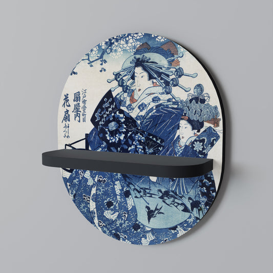 JAPANESE WOMAN Oval Art Shelf In Black Finish