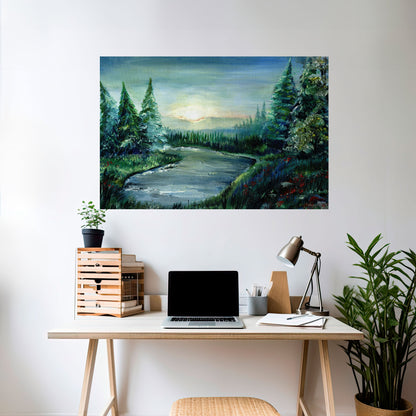 Poster orizzontale staccabile e attaccabile TRAMONTO NELLA FORESTA
