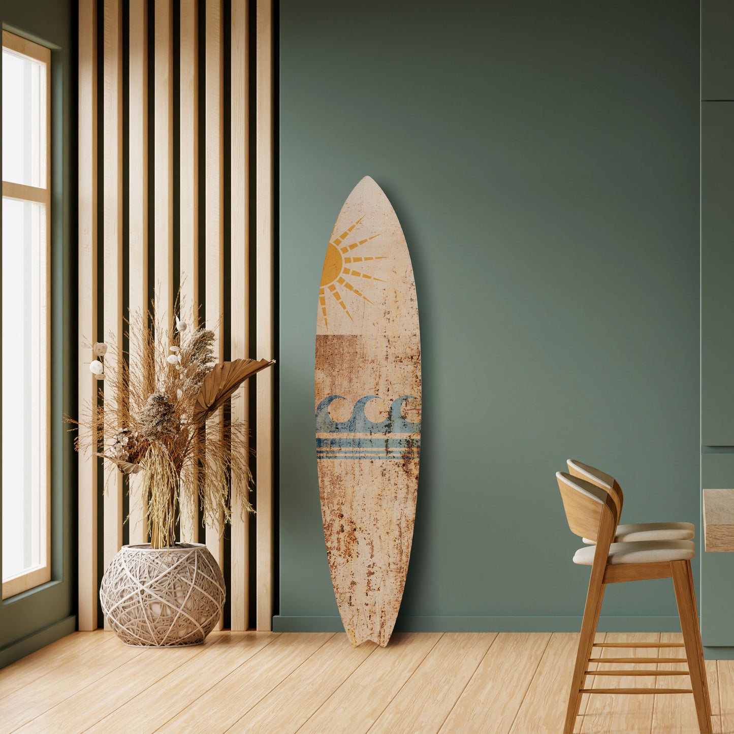 SUN-KISSED WAVES Tavola da surf decorativa in compensato