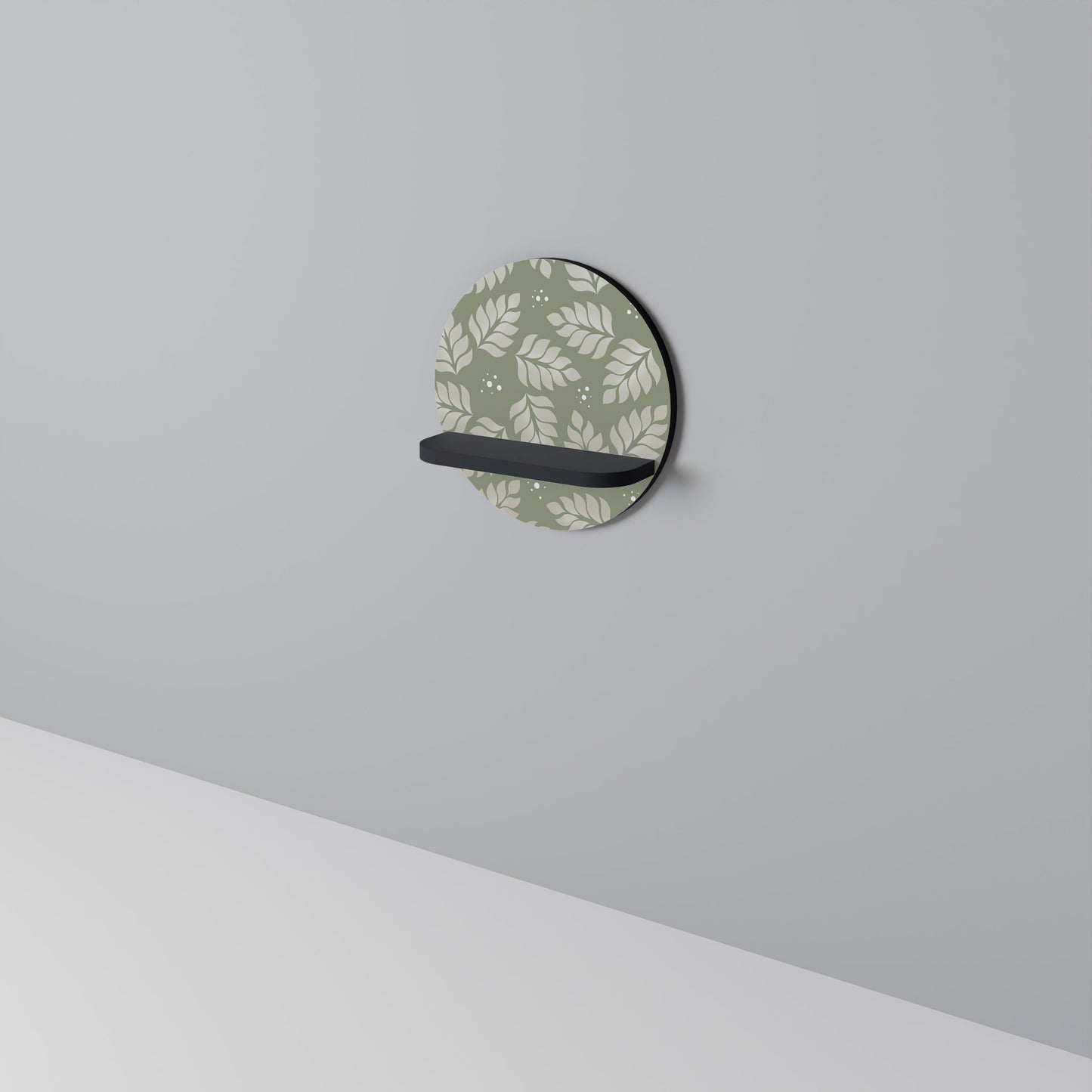 LEAVES ON GREEN Round Art Shelf In Black Finish