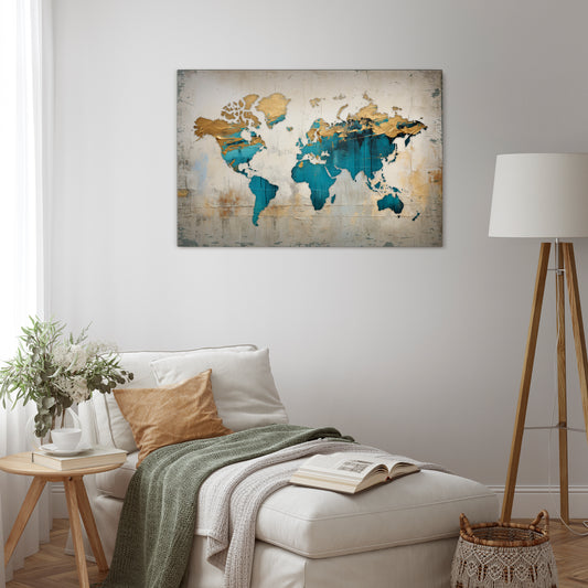 AZURE GILDED MAP Stampa su tela orizzontale