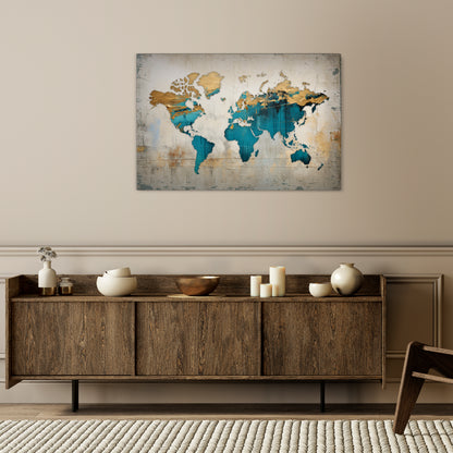 AZURE GILDED MAP Stampa su tela orizzontale