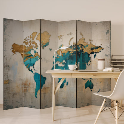 MAPPA DORATA AZZURRA Divisorio decorativo per ambienti a 6 pannelli