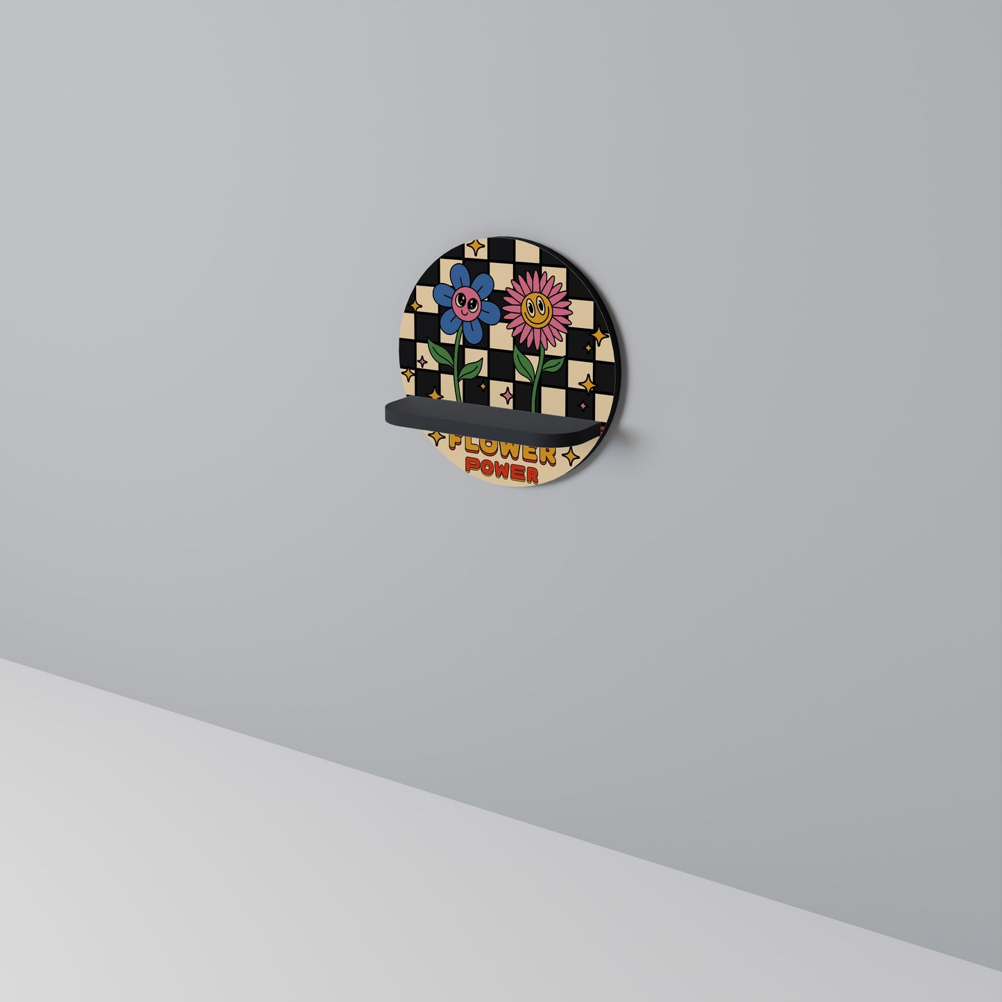 FLOWER POWER Round Art Shelf In Black Finish