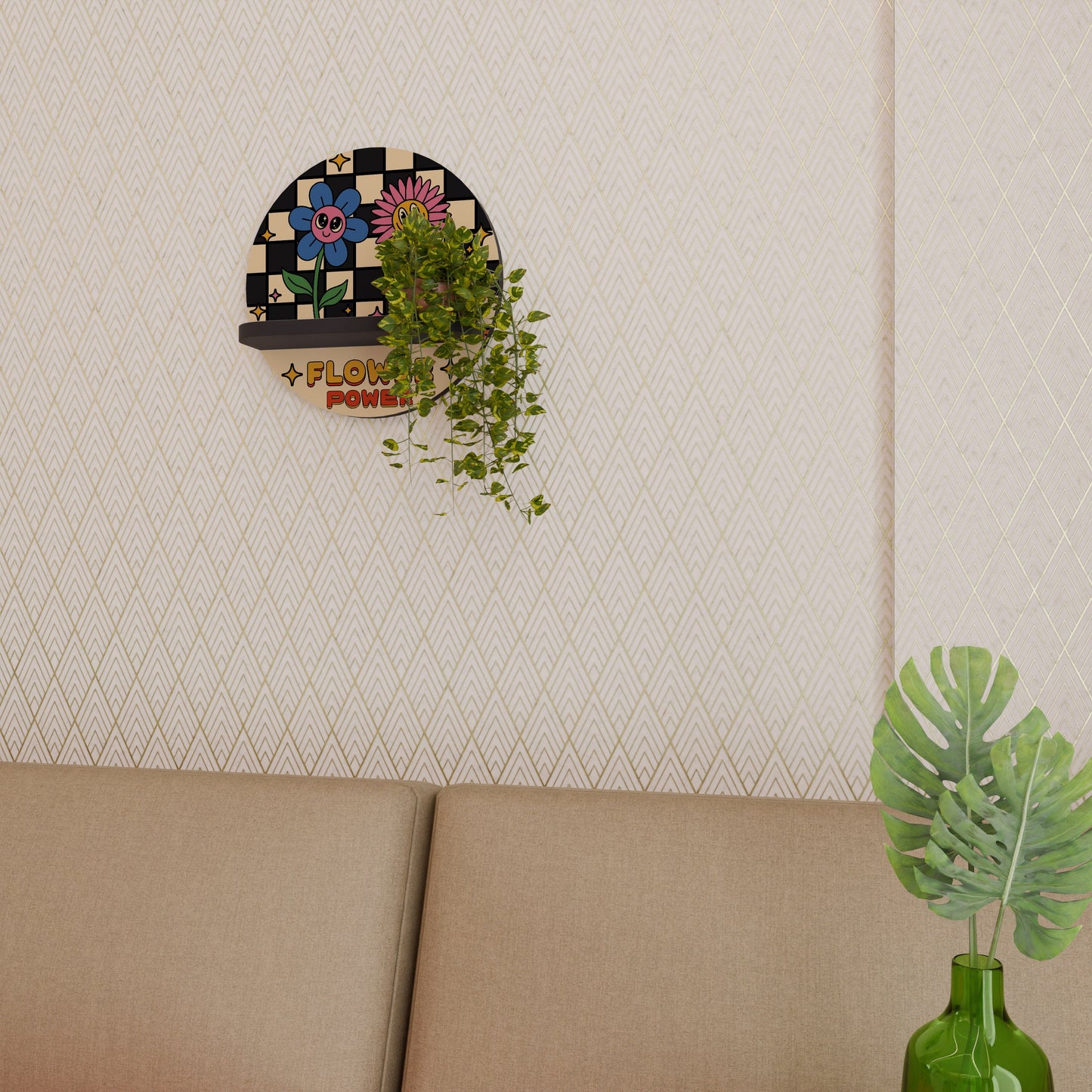 FLOWER POWER Round Art Shelf In Black Finish