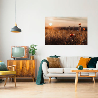 Poster orizzontale staccabile e attaccabile "PRATI LUMINOSI AL TRAMONTO"