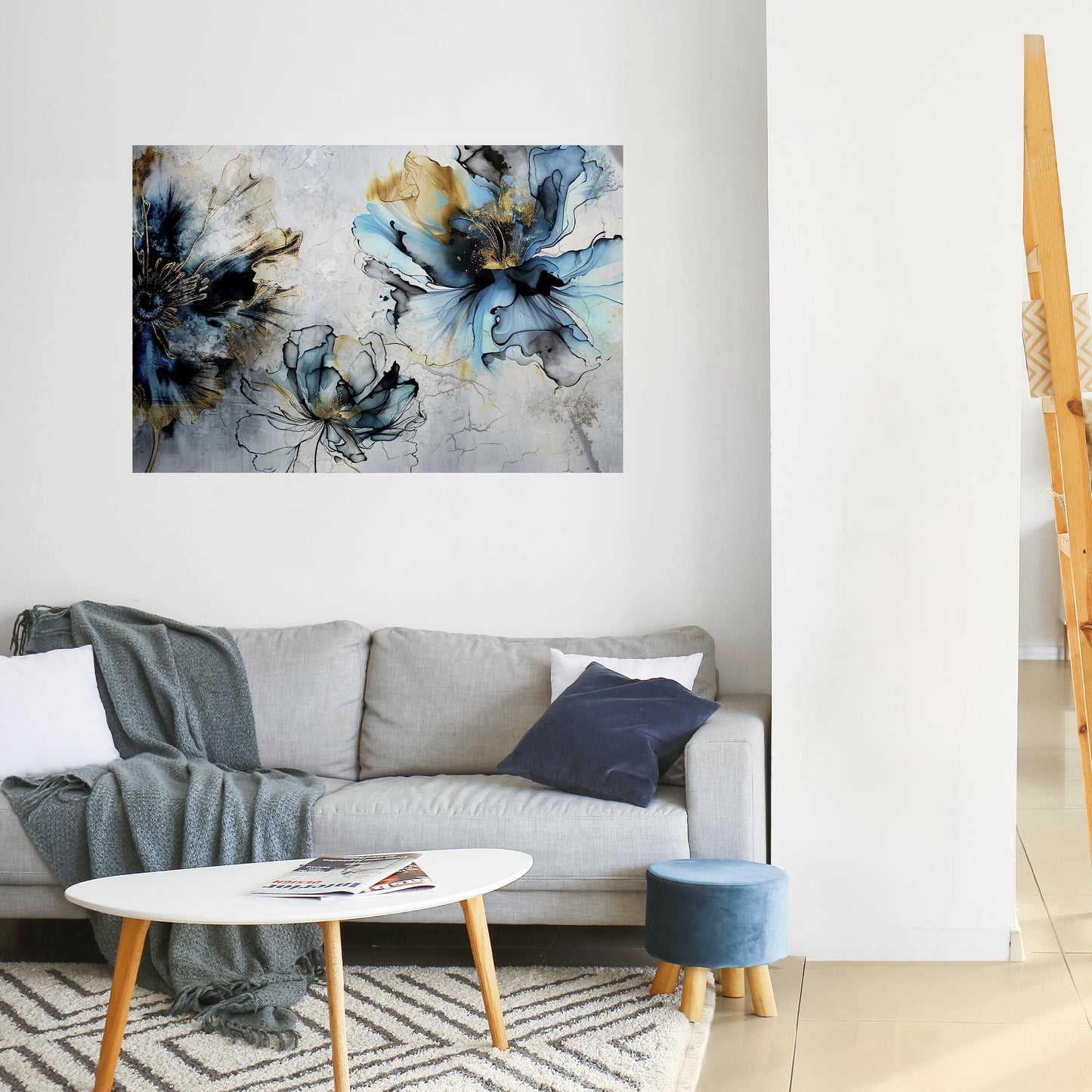 Poster orizzontale staccabile e attaccabile "COBALT BLOSSOMS"