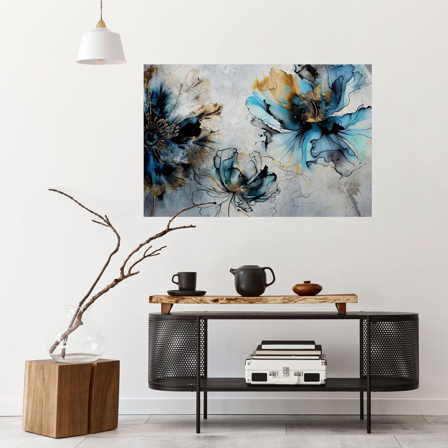 Poster orizzontale staccabile e attaccabile "COBALT BLOSSOMS"
