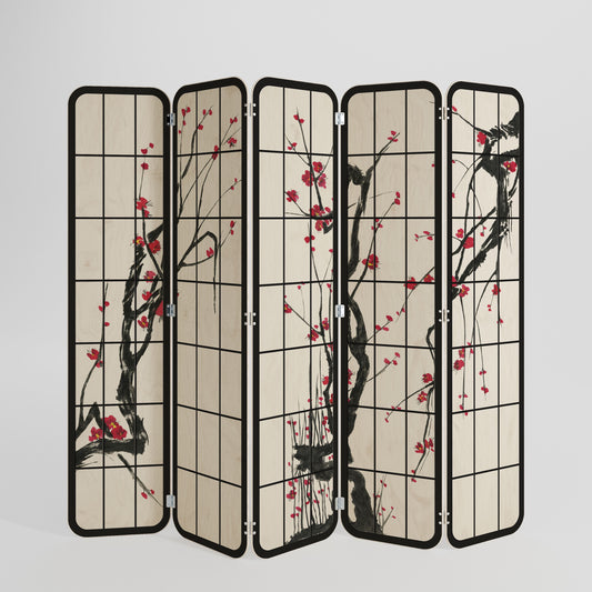 Divisorio per ambienti in compensato a 5 pannelli JAPANESE BLOSSOMS