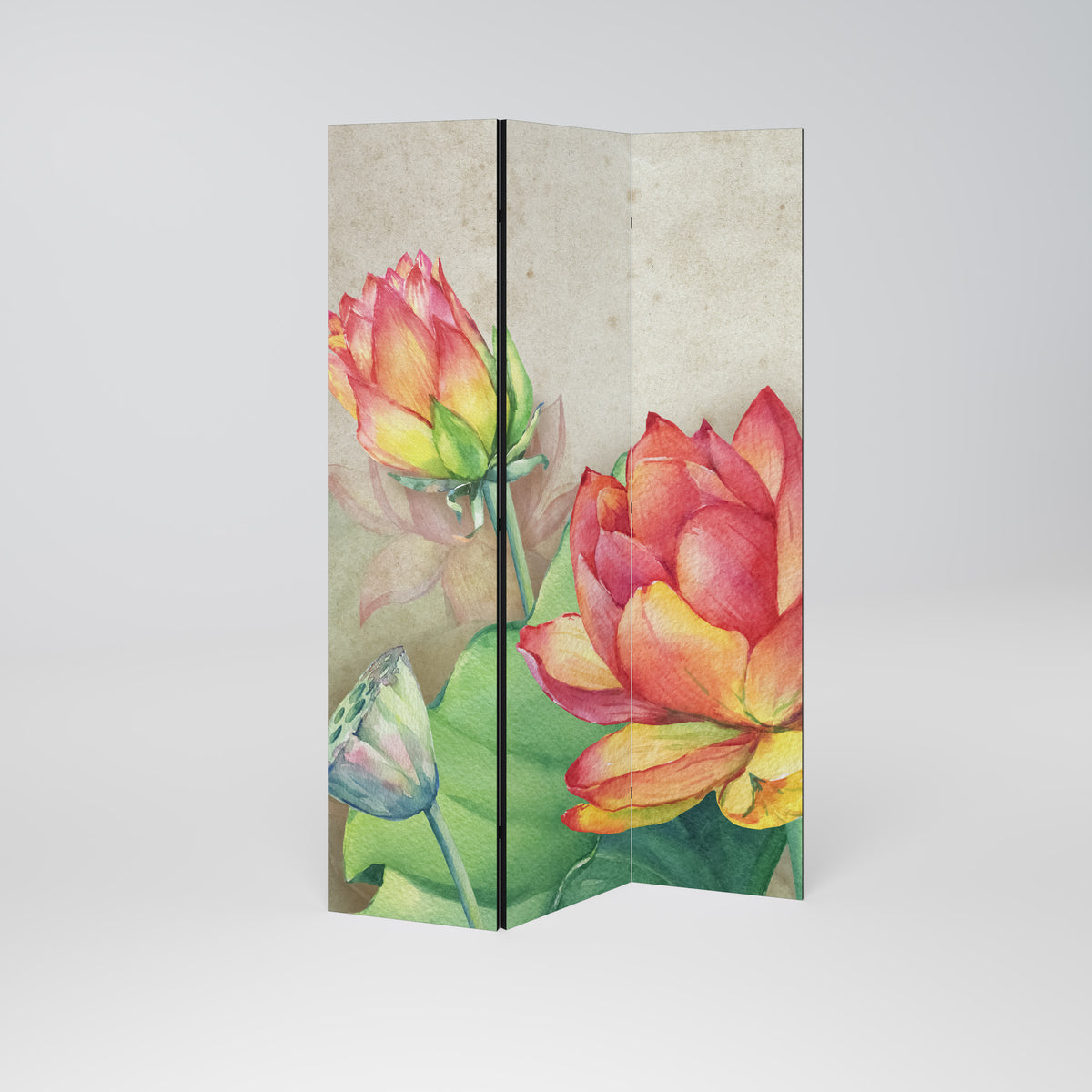 WHISPERING LOTUS BLOOMS Paravento Decorativo a 3 Pannelli