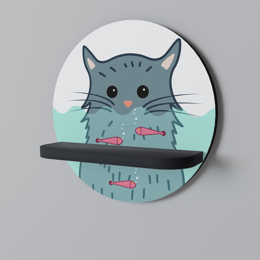 CAT SPLASH Round Art Shelf In Black Finish